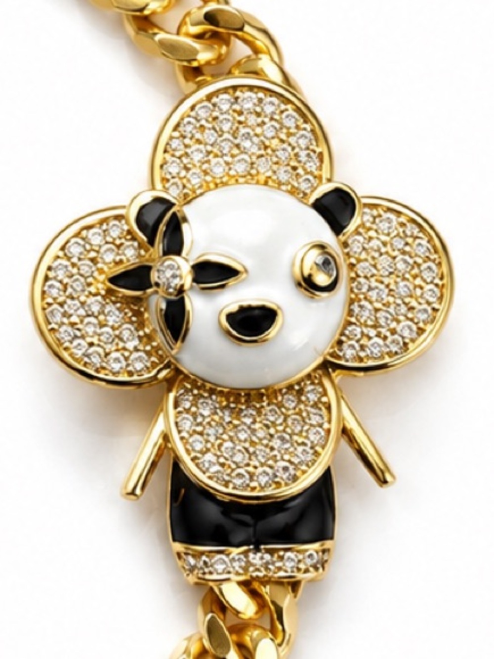 18k Gold Layered Panda Flower Cuban Chain Bracelet Pave Crystals approx 7 in
